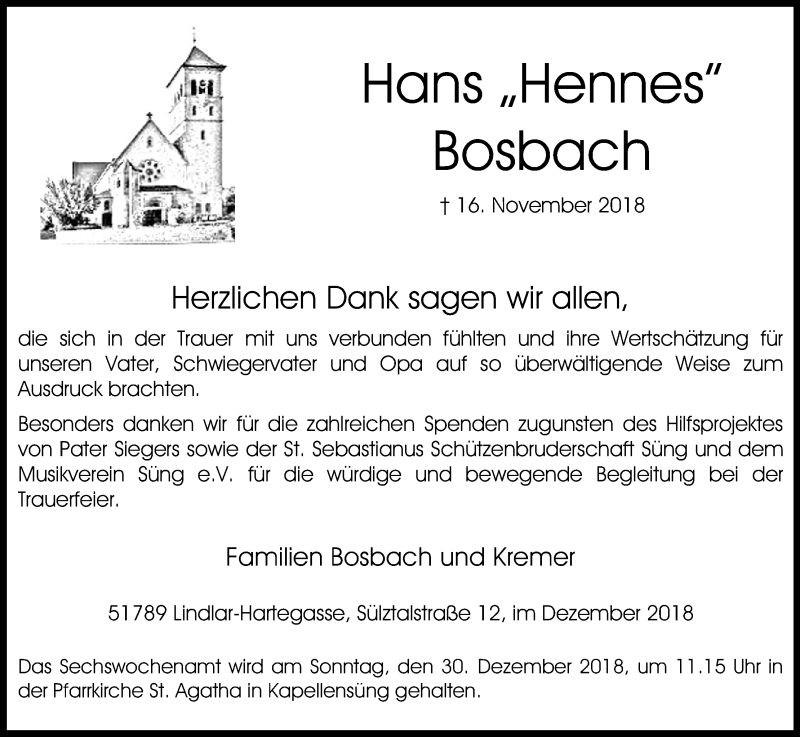  Traueranzeige für Hans Bosbach vom 29.12.2018 aus Kölner Stadt-Anzeiger / Kölnische Rundschau / Express