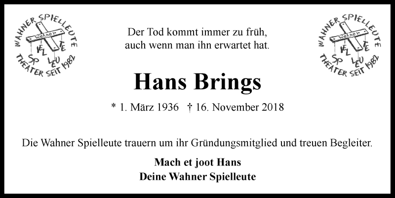  Traueranzeige für Hans Brings vom 05.12.2018 aus  Kölner Wochenspiegel 