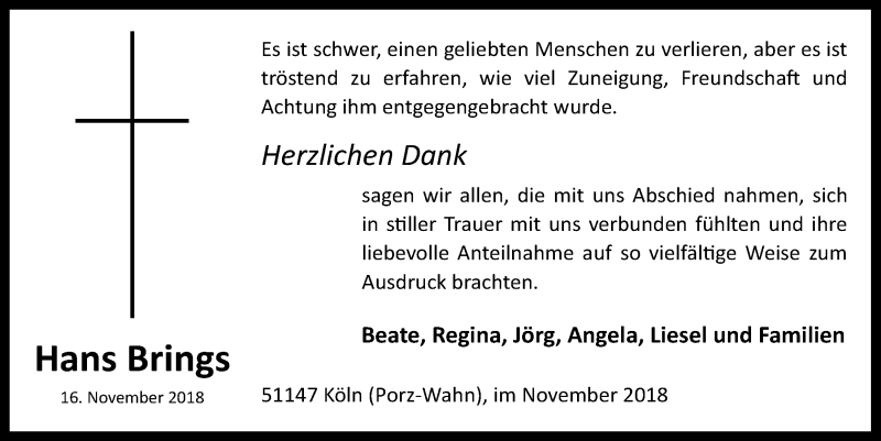  Traueranzeige für Hans Brings vom 05.12.2018 aus  Kölner Wochenspiegel 