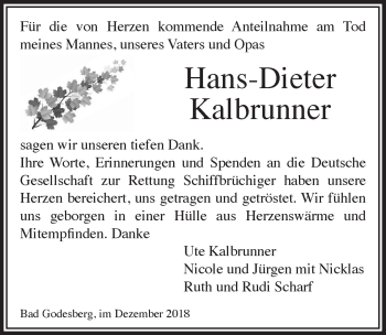 Anzeige von Hans-Dieter Kalbrunner von  Schaufenster/Blickpunkt 