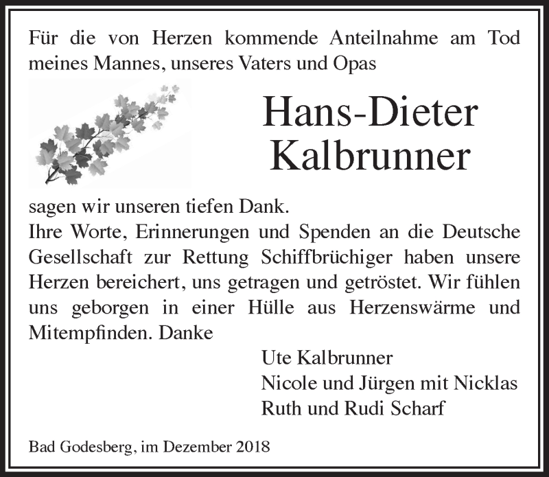  Traueranzeige für Hans-Dieter Kalbrunner vom 05.12.2018 aus  Schaufenster/Blickpunkt 