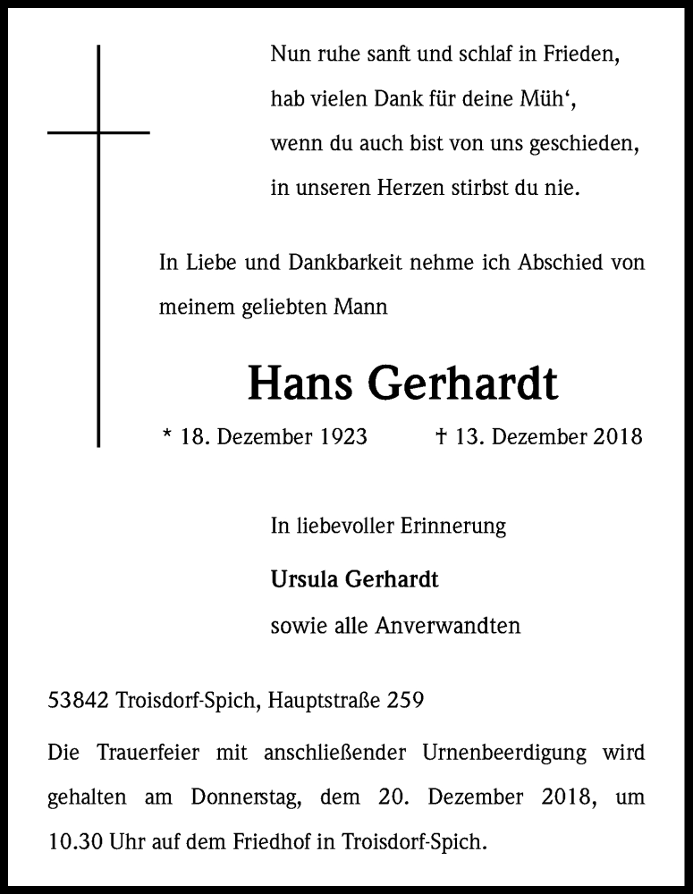  Traueranzeige für Hans Gerhardt vom 15.12.2018 aus Kölner Stadt-Anzeiger / Kölnische Rundschau / Express