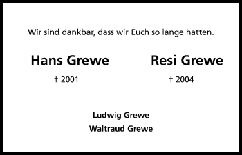 Anzeige von Hans Grewe von Kölner Stadt-Anzeiger / Kölnische Rundschau / Express