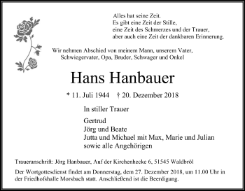 Anzeige von Hans Hanbauer von Kölner Stadt-Anzeiger / Kölnische Rundschau / Express