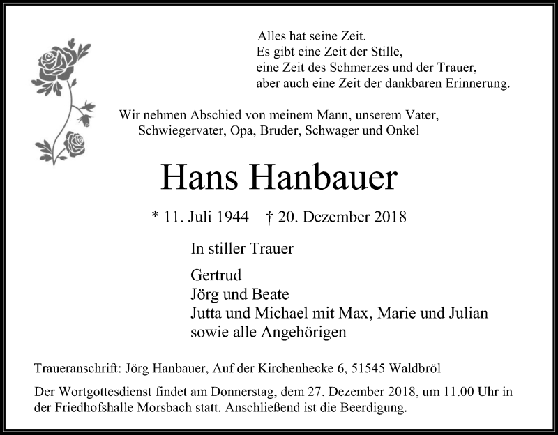  Traueranzeige für Hans Hanbauer vom 22.12.2018 aus Kölner Stadt-Anzeiger / Kölnische Rundschau / Express