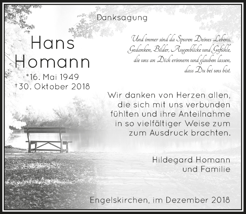  Traueranzeige für Hans Homann vom 19.12.2018 aus  Anzeigen Echo 
