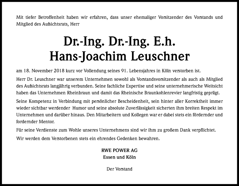  Traueranzeige für Hans-Joachim Leuschner vom 05.12.2018 aus Kölner Stadt-Anzeiger / Kölnische Rundschau / Express