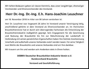 Anzeige von Hans-Joachim Leuschner von Kölner Stadt-Anzeiger / Kölnische Rundschau / Express