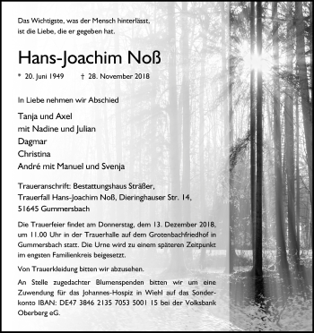 Anzeige von Hans-Joachim Noß von Kölner Stadt-Anzeiger / Kölnische Rundschau / Express