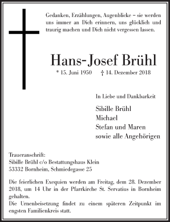 Anzeige von Hans-Josef Brühl von  Schaufenster/Blickpunkt 