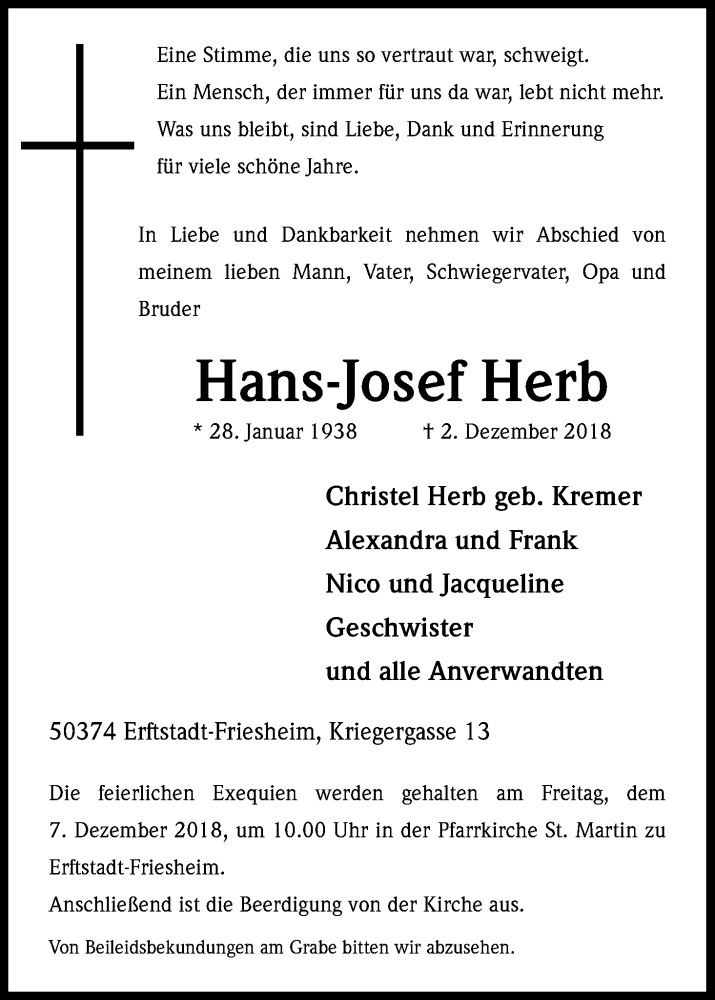  Traueranzeige für Hans-Josef Herb vom 05.12.2018 aus Kölner Stadt-Anzeiger / Kölnische Rundschau / Express