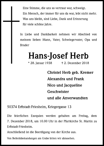 Anzeige von Hans-Josef Herb von Kölner Stadt-Anzeiger / Kölnische Rundschau / Express