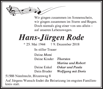 Anzeige von Hans-Jürgen Rode von  Lokalanzeiger 