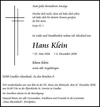 Anzeige von Hans Klein von Kölner Stadt-Anzeiger / Kölnische Rundschau / Express