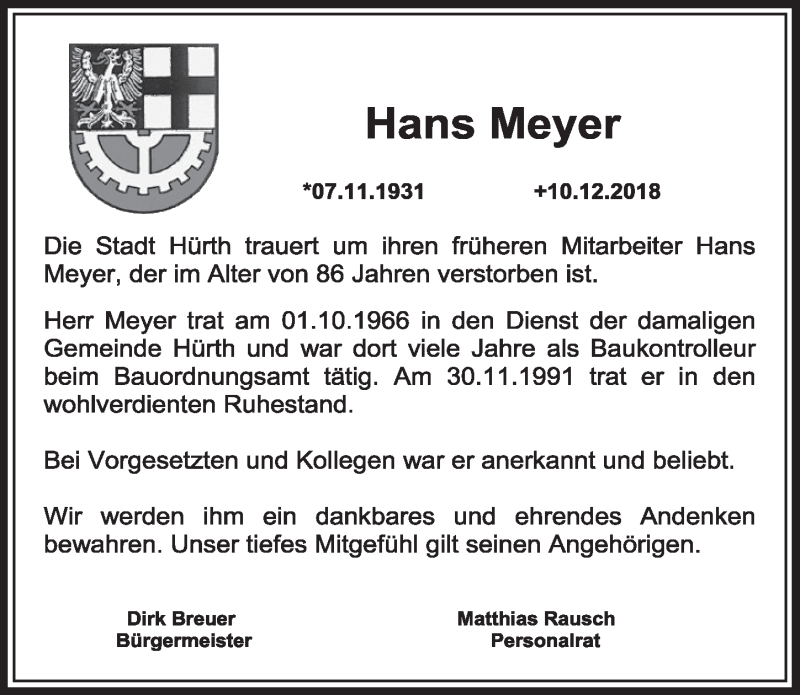  Traueranzeige für Hans Meyer vom 22.12.2018 aus  Sonntags-Post 