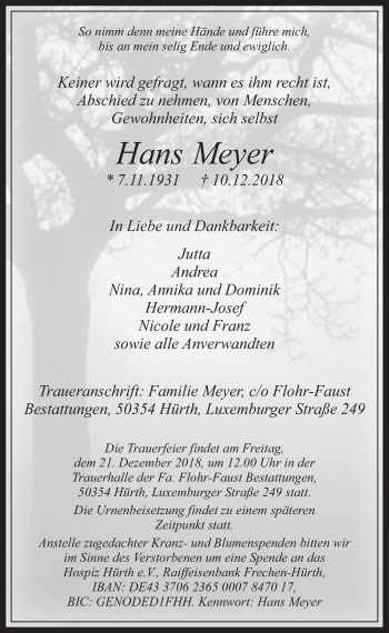Anzeige von Hans Meyer von  Wochenende 