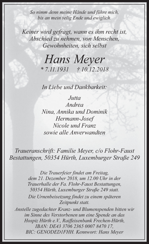  Traueranzeige für Hans Meyer vom 19.12.2018 aus  Wochenende 