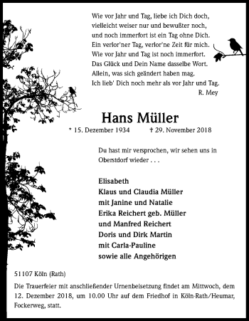 Anzeige von Hans Müller von Kölner Stadt-Anzeiger / Kölnische Rundschau / Express