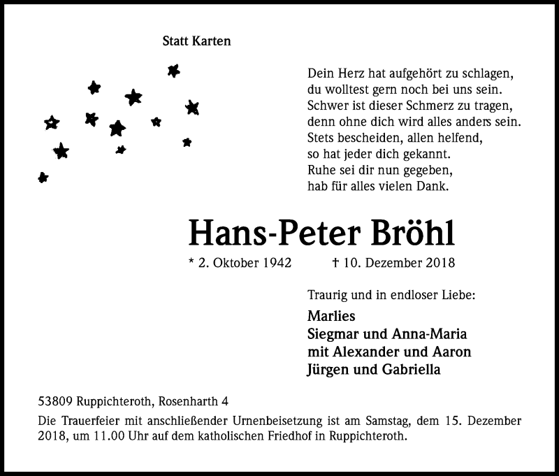  Traueranzeige für Hans-Peter Bröhl vom 12.12.2018 aus Kölner Stadt-Anzeiger / Kölnische Rundschau / Express