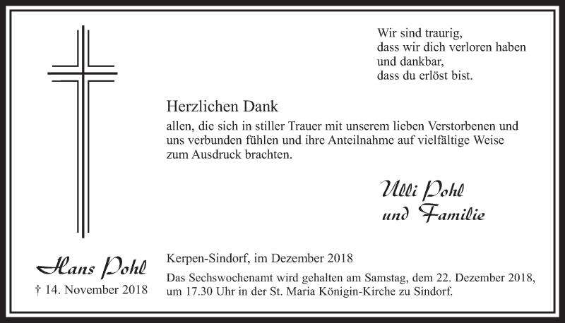  Traueranzeige für Hans Pohl vom 15.12.2018 aus  Sonntags-Post 