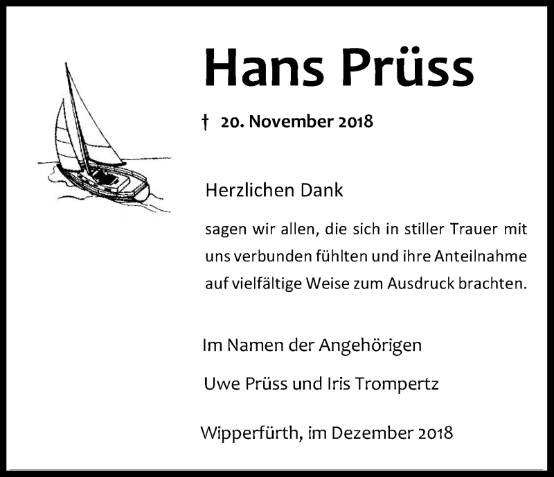  Traueranzeige für Hans Prüss vom 15.12.2018 aus Kölner Stadt-Anzeiger / Kölnische Rundschau / Express