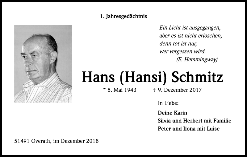  Traueranzeige für Hans  Schmitz vom 08.12.2018 aus Kölner Stadt-Anzeiger / Kölnische Rundschau / Express