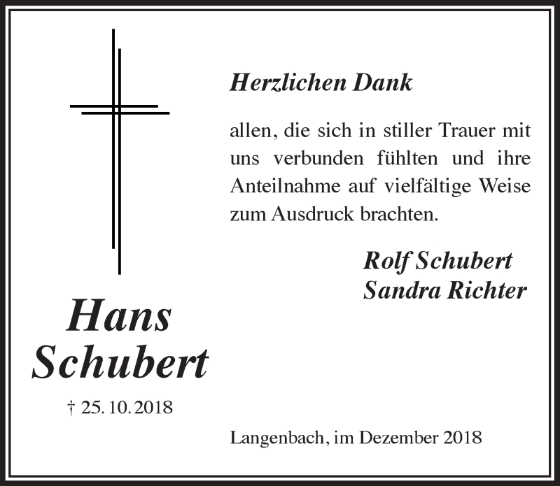  Traueranzeige für Hans Schubert vom 19.12.2018 aus  Lokalanzeiger 