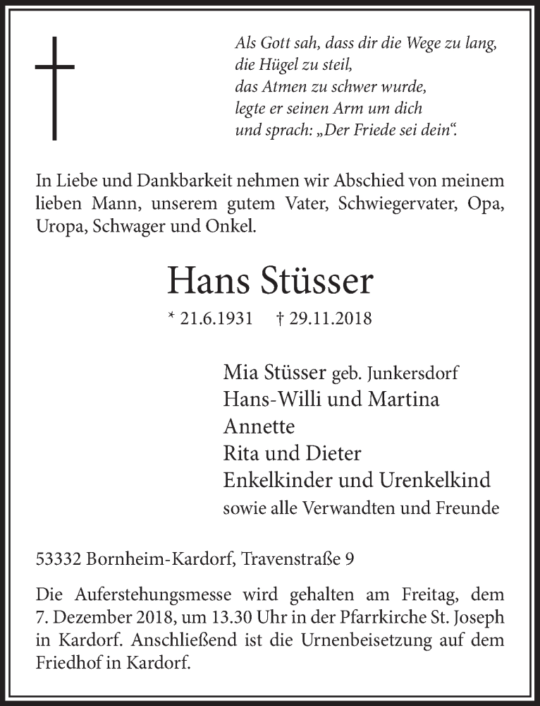  Traueranzeige für Hans Stüsser vom 05.12.2018 aus  Schlossbote/Werbekurier 