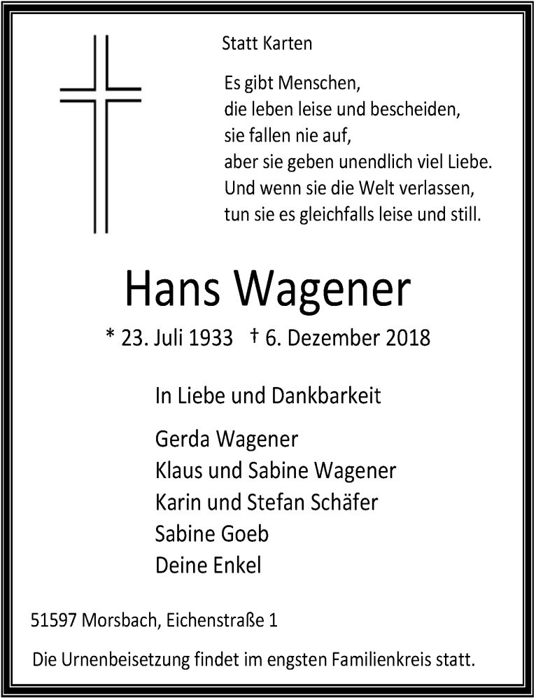  Traueranzeige für Hans Wagener vom 12.12.2018 aus  Lokalanzeiger 