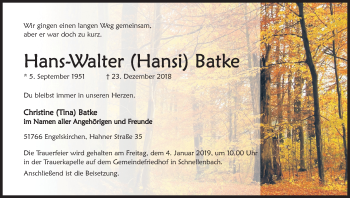 Anzeige von Hans-Walter Hansi Batke von Kölner Stadt-Anzeiger / Kölnische Rundschau / Express