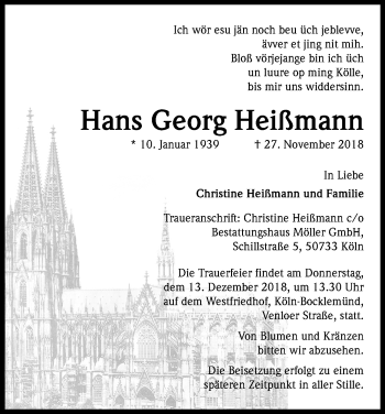 Anzeige von Hans Georg Heißmann von Kölner Stadt-Anzeiger / Kölnische Rundschau / Express