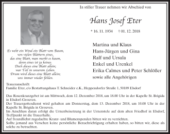 Anzeige von Hans Josef Eter von  Sonntags-Post 