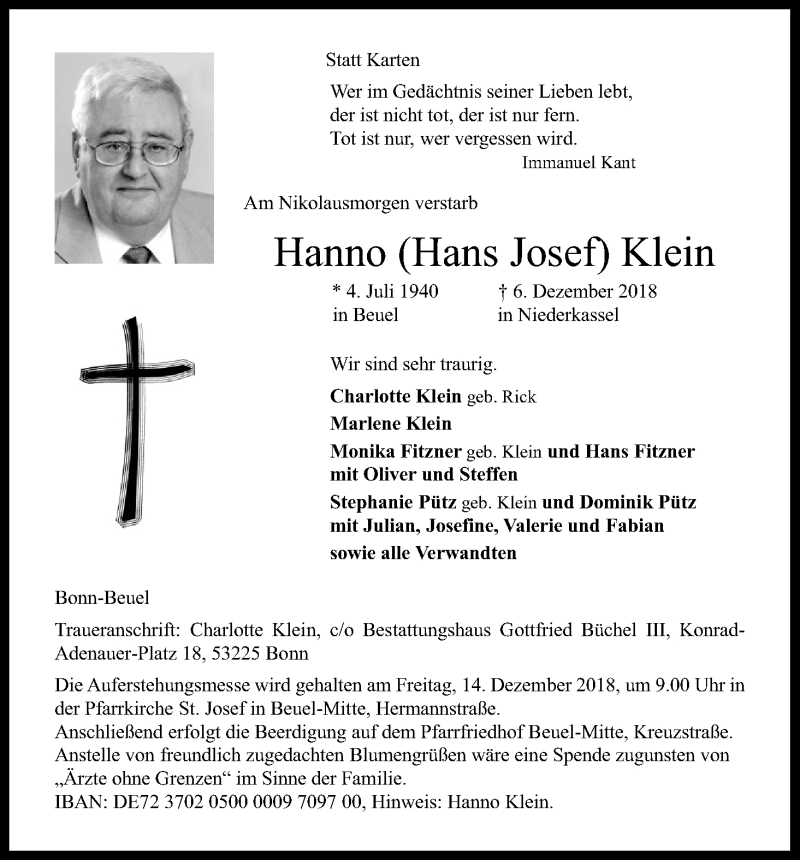  Traueranzeige für Hans Josef Klein vom 08.12.2018 aus Kölner Stadt-Anzeiger / Kölnische Rundschau / Express