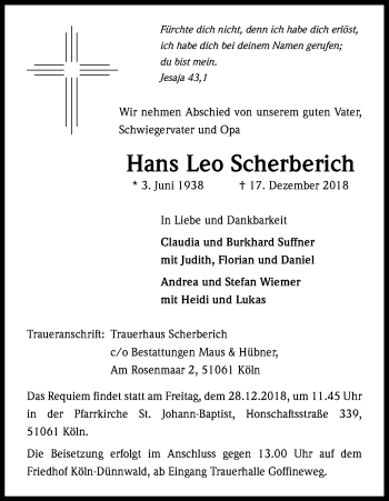 Anzeige von Hans Leo Scherberich von Kölner Stadt-Anzeiger / Kölnische Rundschau / Express