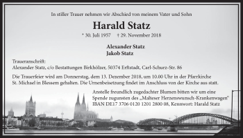 Anzeige von Harald Statz von  Sonntags-Post 