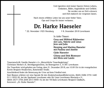 Anzeige von Harke Haeseler von Kölner Stadt-Anzeiger / Kölnische Rundschau / Express