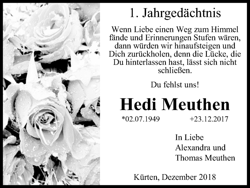  Traueranzeige für Hedi Meuthen vom 22.12.2018 aus Kölner Stadt-Anzeiger / Kölnische Rundschau / Express