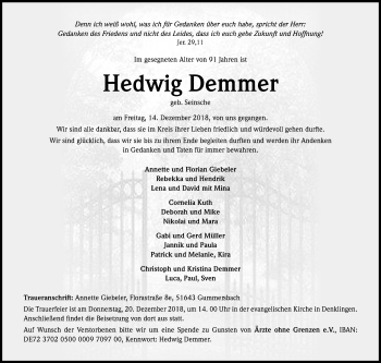Anzeige von Hedwig Demmer von Kölner Stadt-Anzeiger / Kölnische Rundschau / Express