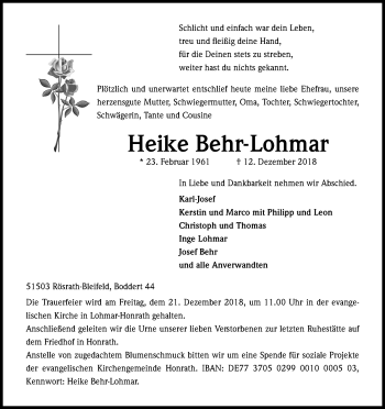 Anzeige von Heike Behr-Lohmar von Kölner Stadt-Anzeiger / Kölnische Rundschau / Express