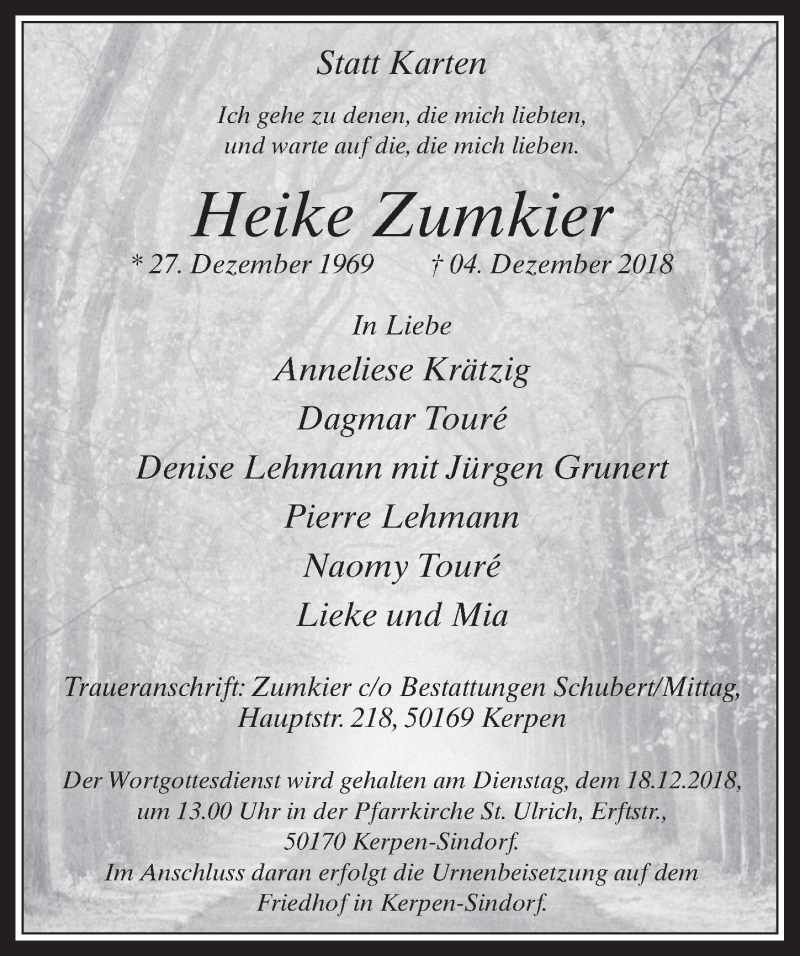  Traueranzeige für Heike Zumkier vom 12.12.2018 aus  Werbepost 