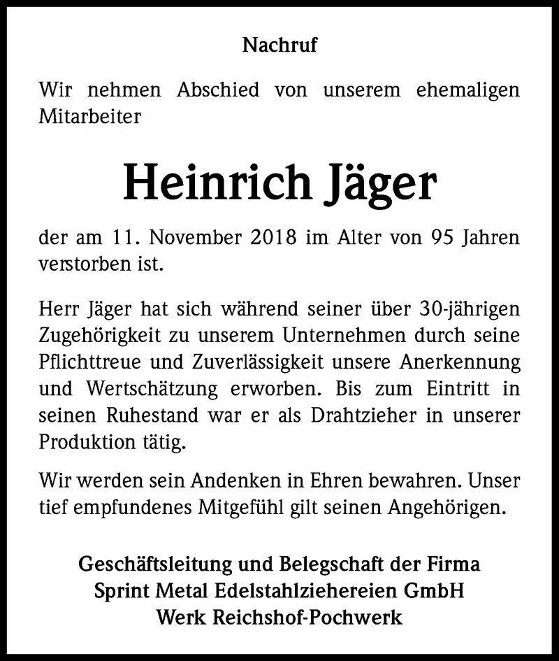  Traueranzeige für Heinrich Jäger vom 22.12.2018 aus Kölner Stadt-Anzeiger / Kölnische Rundschau / Express