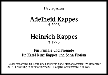 Anzeige von Heinrich Kappes von Kölner Stadt-Anzeiger / Kölnische Rundschau / Express