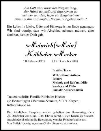 Anzeige von Heinrich Kübbeler-Hecker von Kölner Stadt-Anzeiger / Kölnische Rundschau / Express