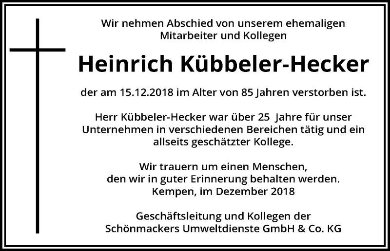 Traueranzeige für Heinrich Kübbeler-Hecker vom 21.12.2018 aus Kölner Stadt-Anzeiger / Kölnische Rundschau / Express