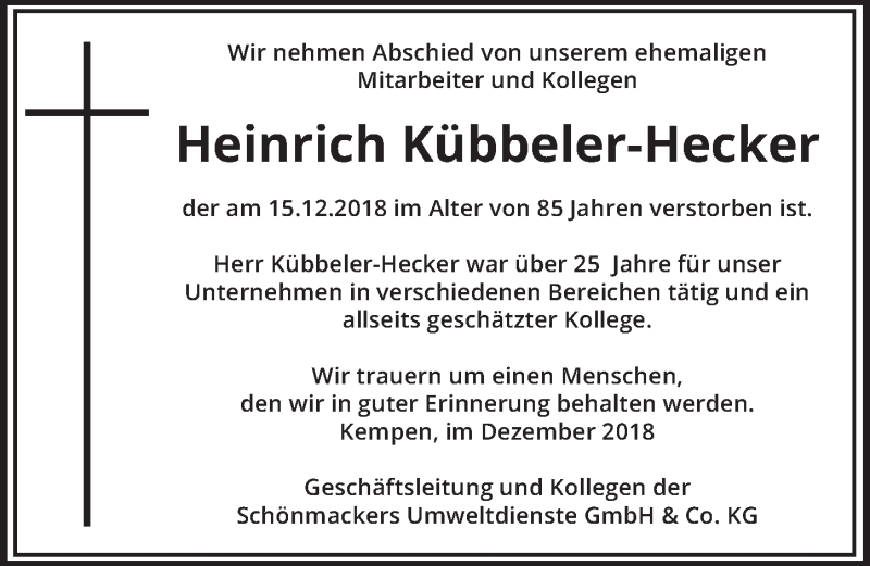  Traueranzeige für Heinrich Kübbeler-Hecker vom 27.12.2018 aus  Werbepost 