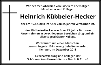 Anzeige von Heinrich Kübbeler-Hecker von Kölner Stadt-Anzeiger / Kölnische Rundschau / Express