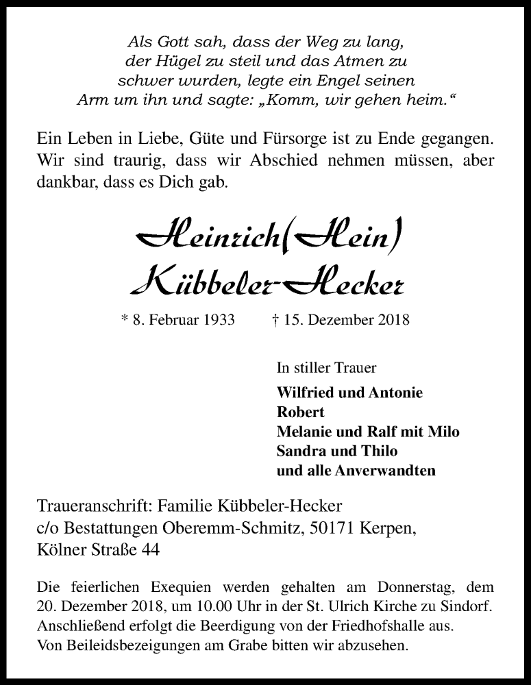  Traueranzeige für Heinrich Kübbeler-Hecker vom 18.12.2018 aus Kölner Stadt-Anzeiger / Kölnische Rundschau / Express