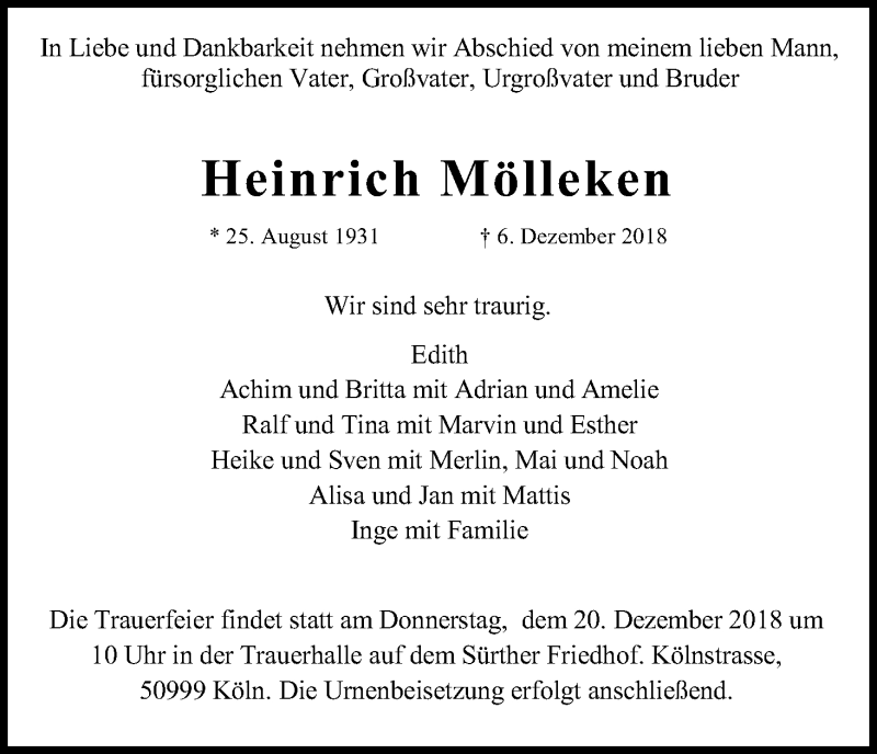  Traueranzeige für Heinrich Mölleken vom 15.12.2018 aus Kölner Stadt-Anzeiger / Kölnische Rundschau / Express