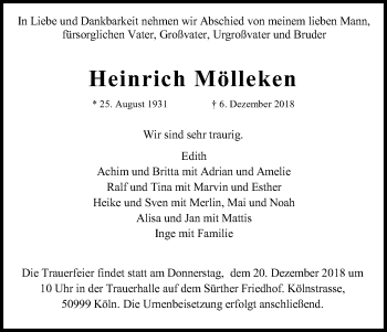 Anzeige von Heinrich Mölleken von Kölner Stadt-Anzeiger / Kölnische Rundschau / Express