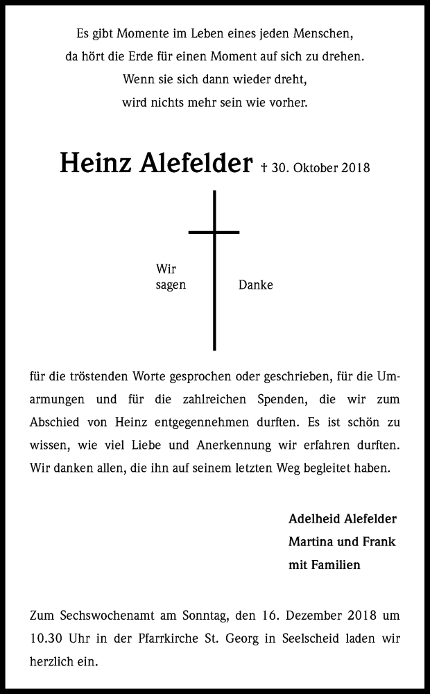  Traueranzeige für Heinz Alefelder vom 08.12.2018 aus Kölner Stadt-Anzeiger / Kölnische Rundschau / Express